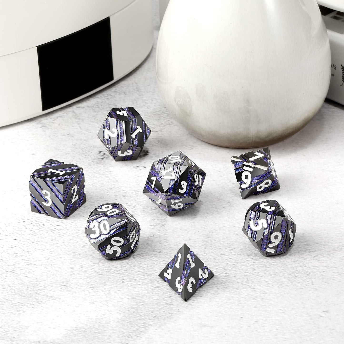 Astral Blue Stripe Metal Dice Set - Living Skies Games