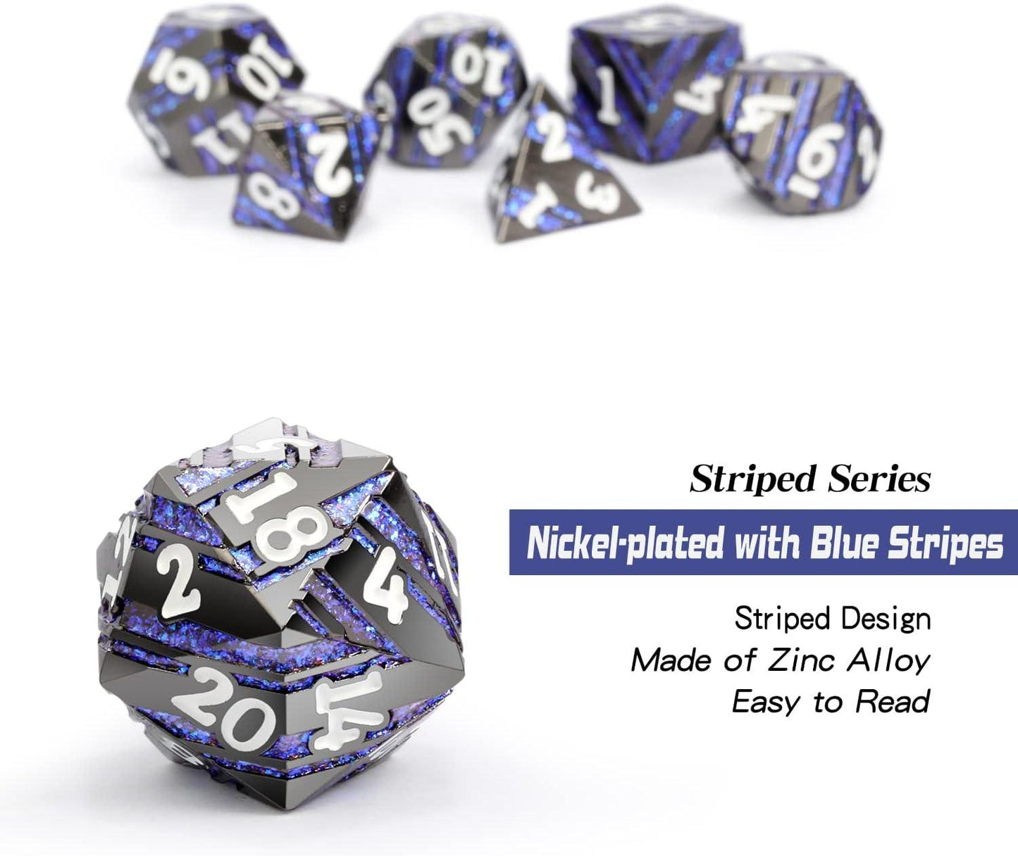 Astral Blue Stripe Metal Dice Set - Living Skies Games