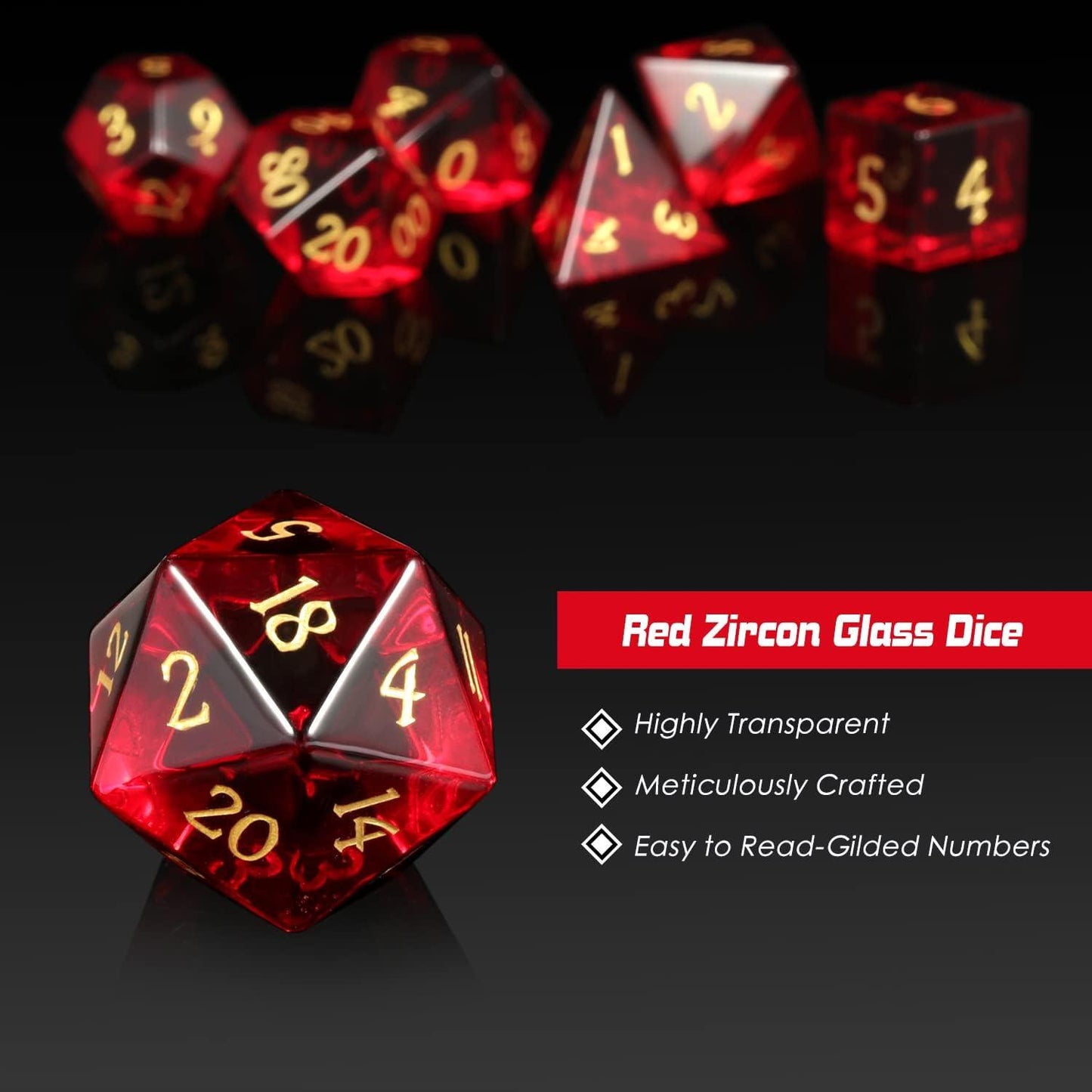 Crimson Zircon Glass Flame Dice Set - Living Skies Games