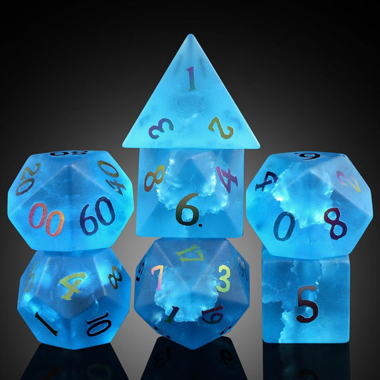 Glacial Rift Frosted Blue Fissure Glass Dice Set - Living Skies Games