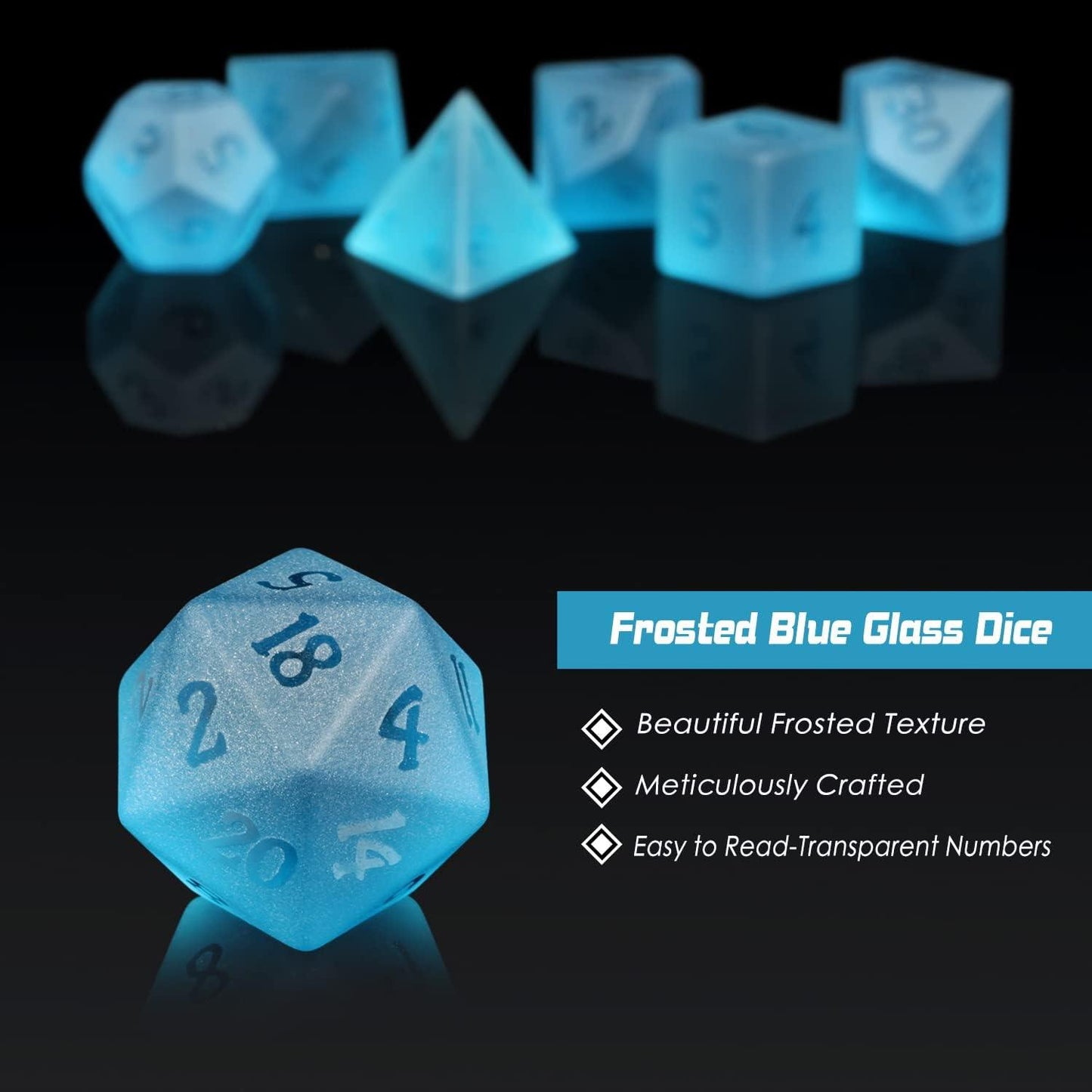 Glacial Whisper Frosted Blue Glass Dice Set - Living Skies Games