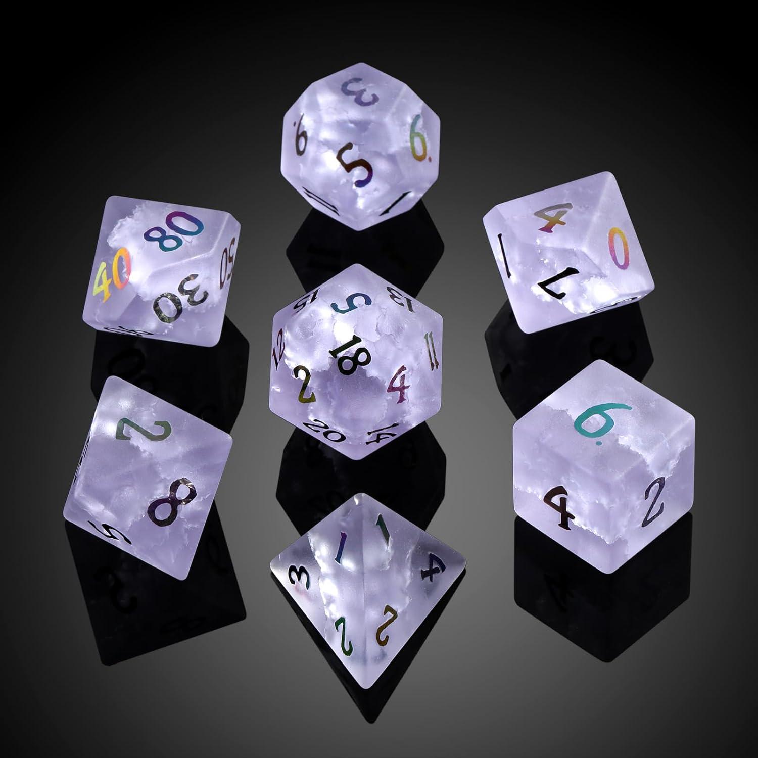 Lavender Veil Frosted Lilac Fissure Glass Dice Set - Living Skies Games