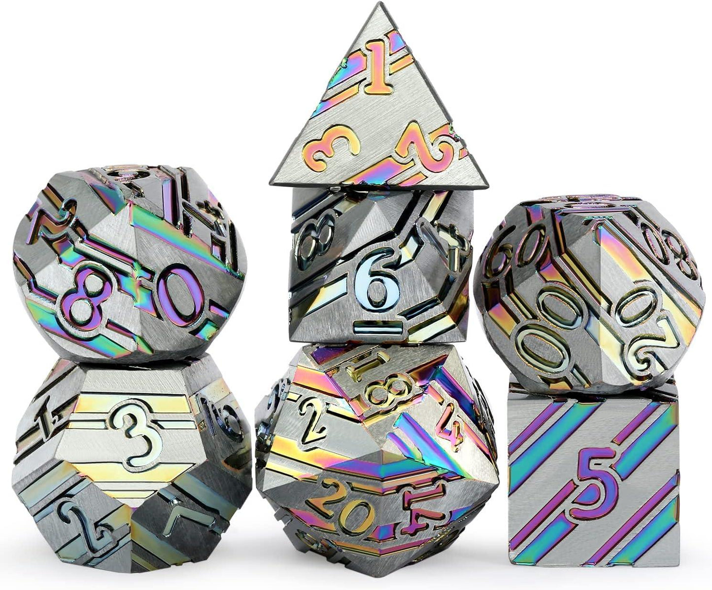 Prismatic Spectrum Striped Metal Dice Set - Living Skies Games