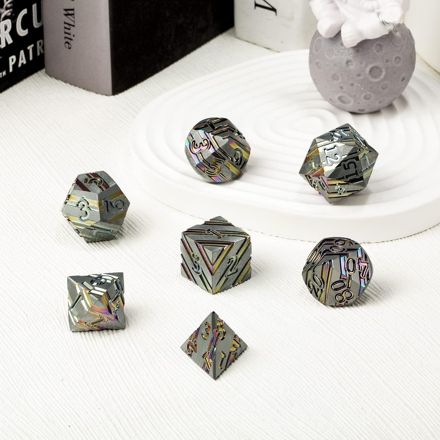 Prismatic Spectrum Striped Metal Dice Set - Living Skies Games