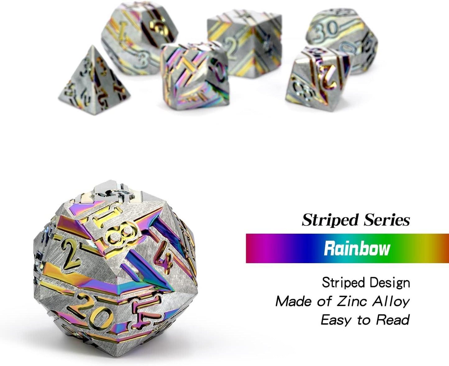 Prismatic Spectrum Striped Metal Dice Set - Living Skies Games